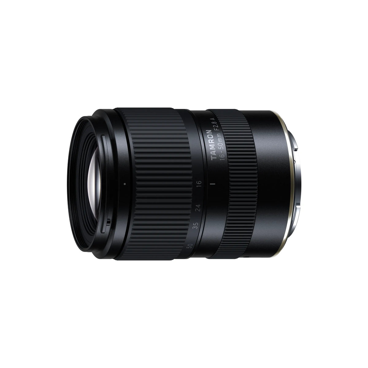 Tamron 16-50mm f/2.8 A camera lens in black with gold accents, shown from a side profile on a solid white background.