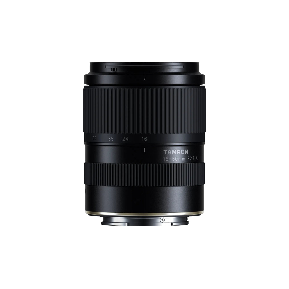 A Tamron 16-50mm F2.8 A IS lens in matte black, shown from the front against a solid white background.
