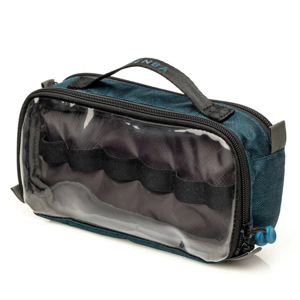 Blue toiletry bag with clear compartment on a white background