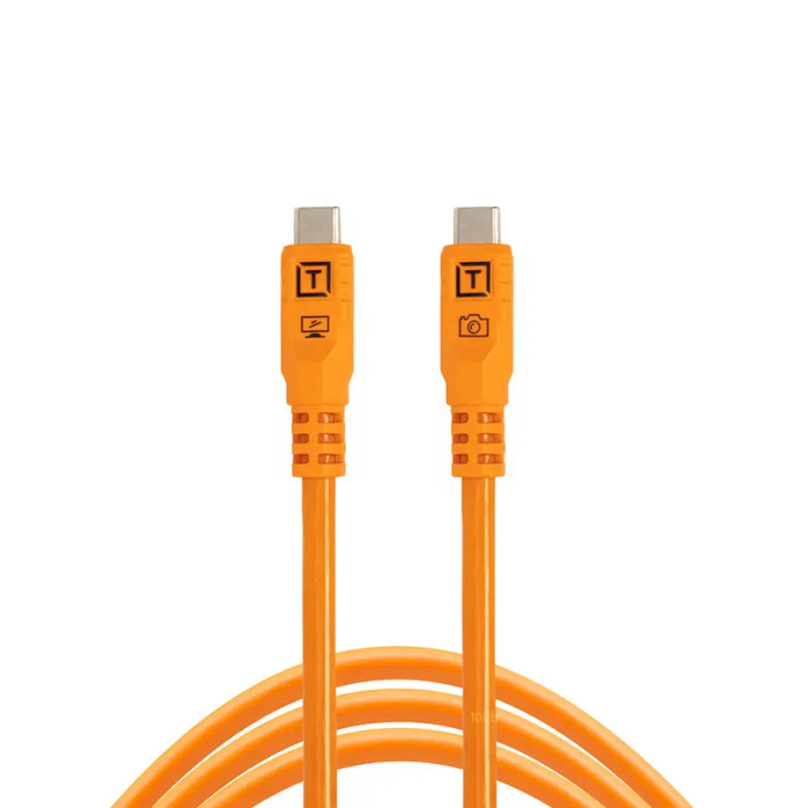 Orange cable with connectors on a white background