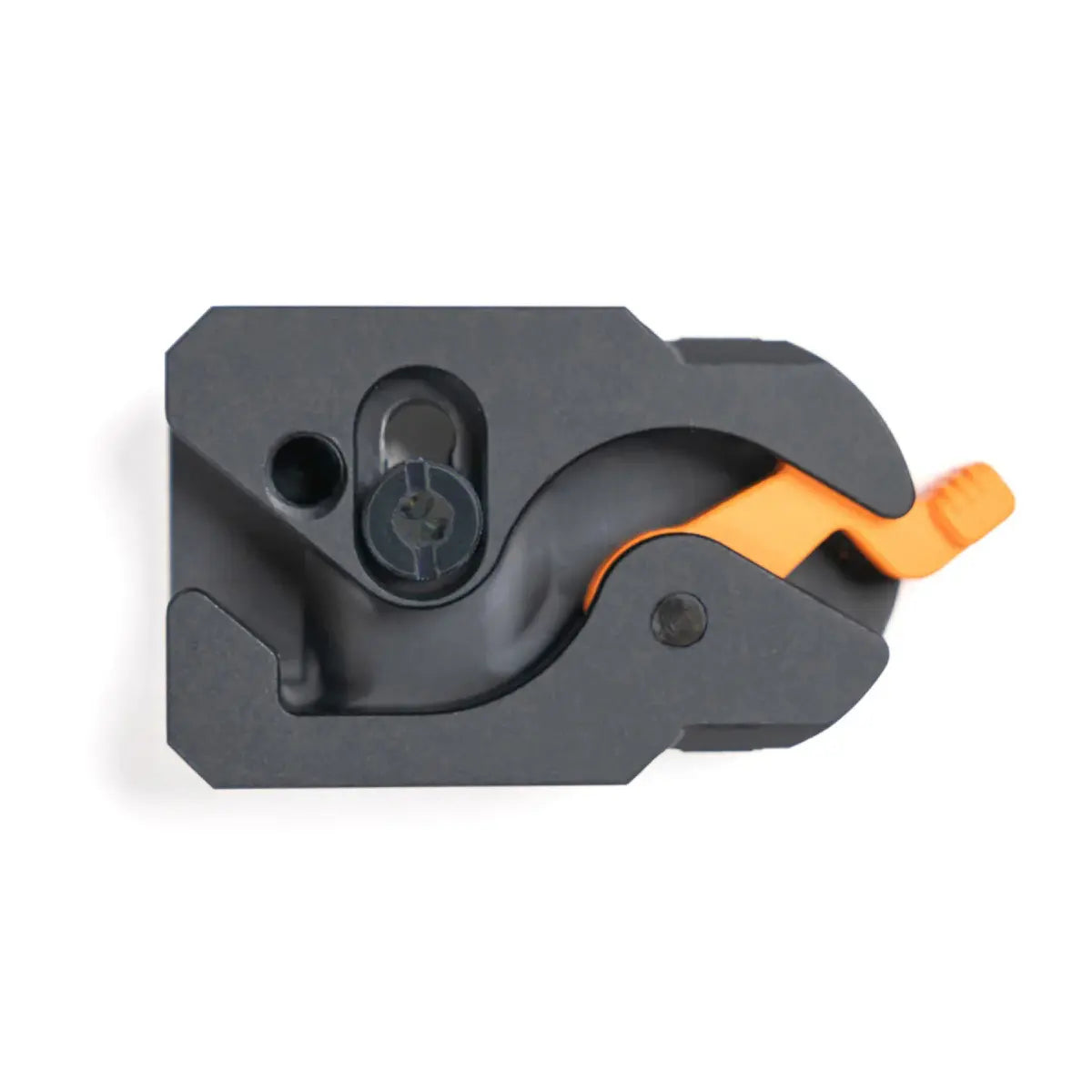 Black and orange mechanical device on a white background