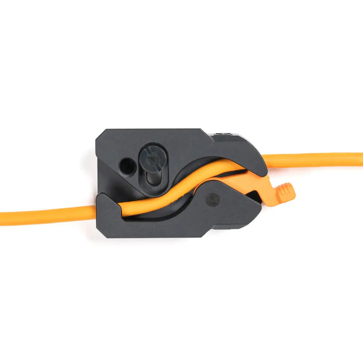 Black cable tie mechanism with orange cable on a white background