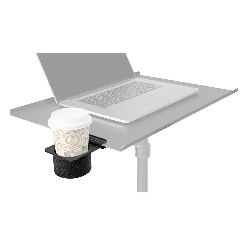 Laptop on a portable desk with a cup holder containing a coffee cup on a white background