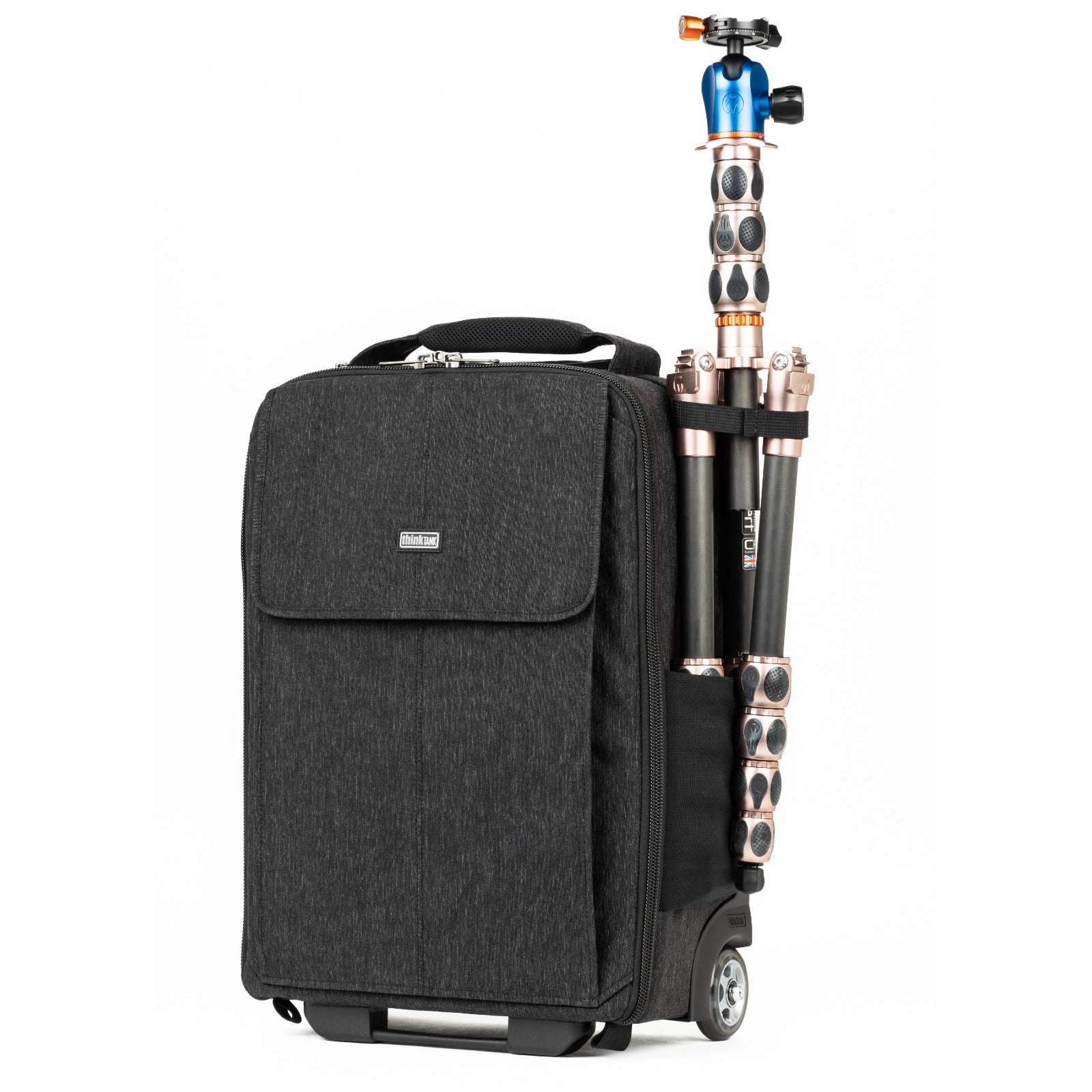 Think Tank Airport Advantage XT front angle with tripod installed in side pocket