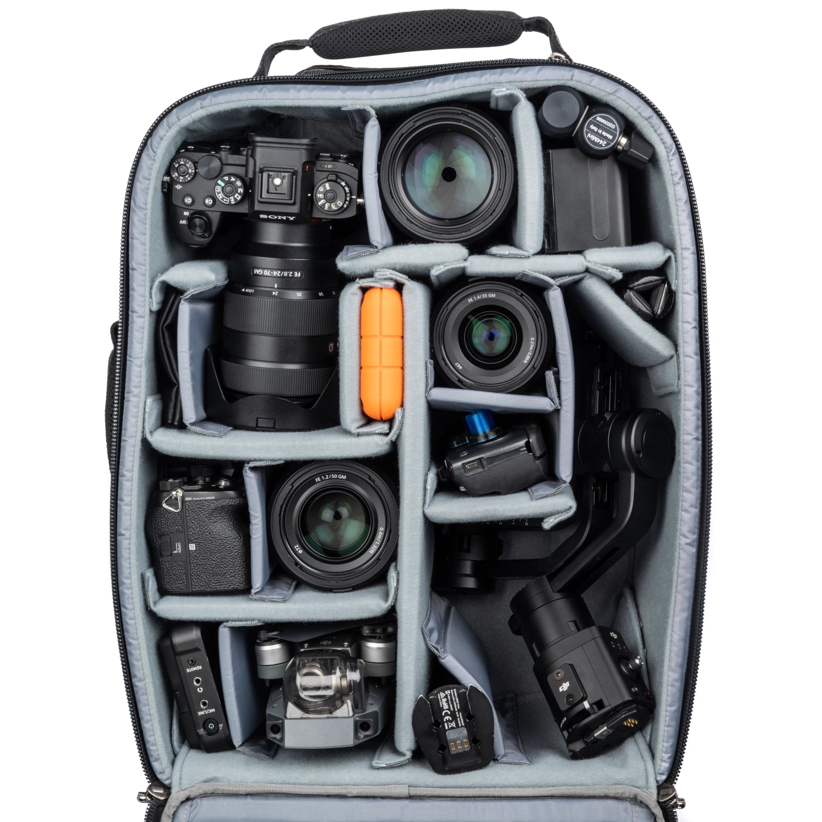 Think Tank Airport Advantage XT interior view with camera gear and gimbal inside bag