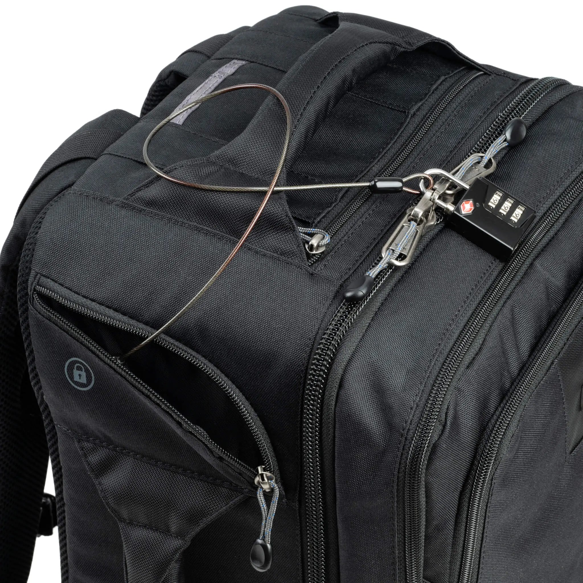 Black backpack with a security cable and lock attached
