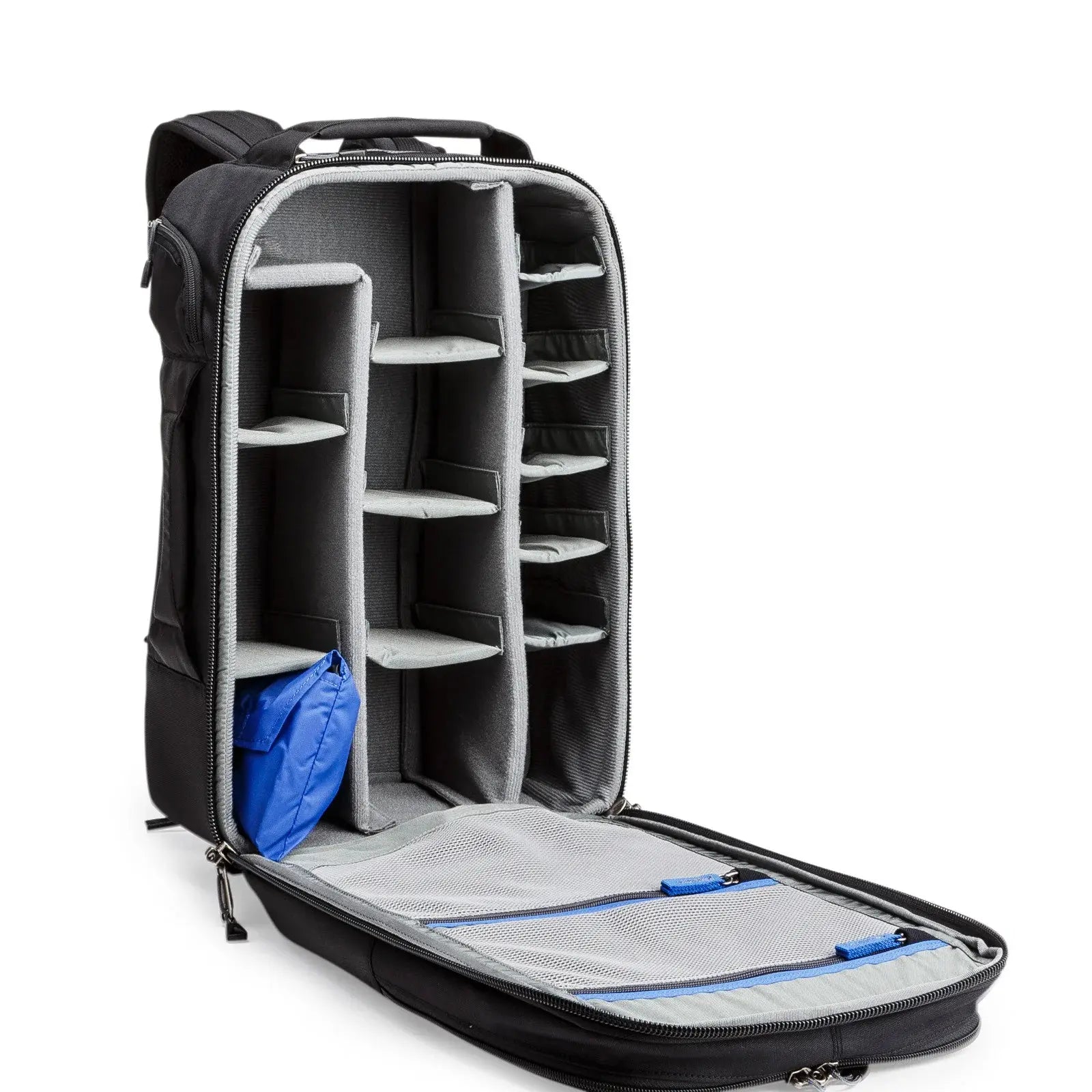Black backpack with interior compartments on a white background