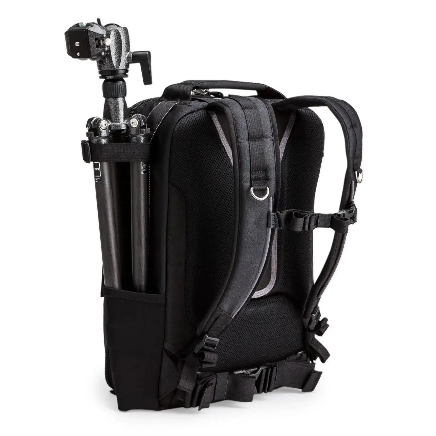Black backpack with camera equipment on a white background