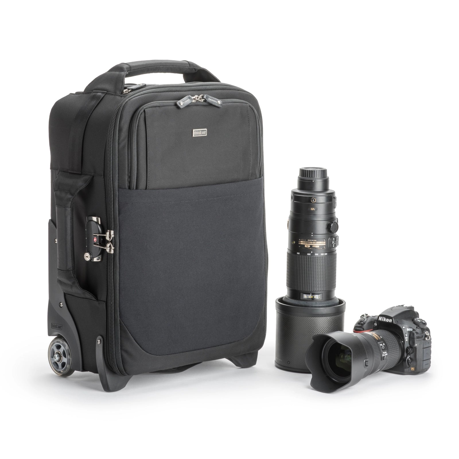 Think Tank Airport International V3 front angle with camera equipment beside