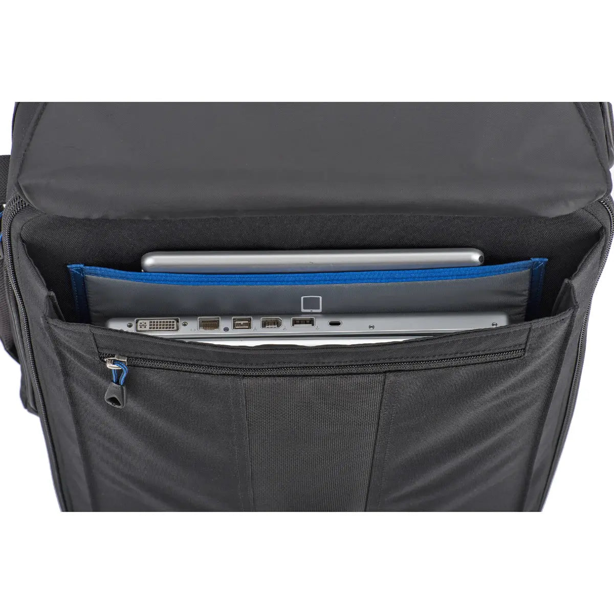 Black backpack with a laptop inside a compartment on a white background