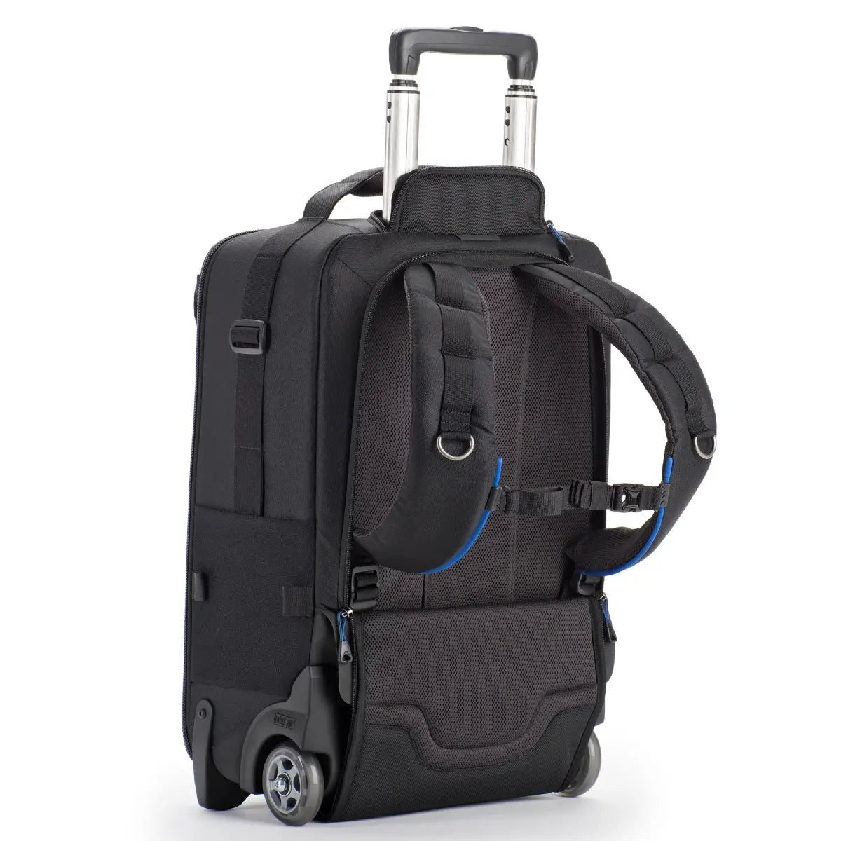 Black rolling suitcase with backpack straps on a white background