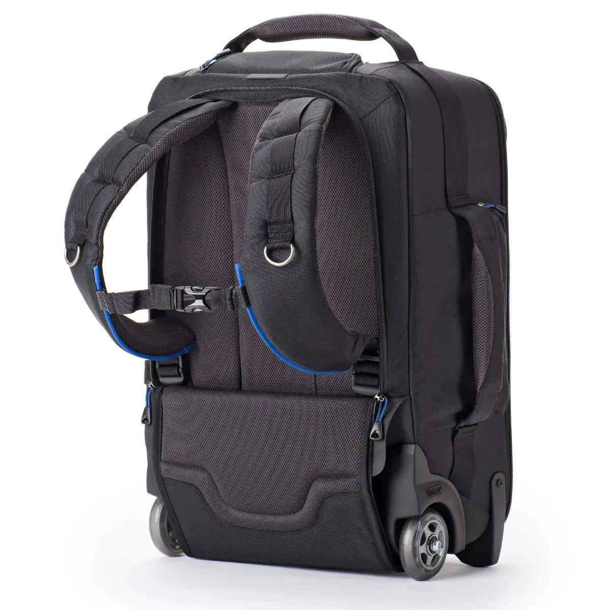 Black rolling suitcase with wheels on a white background