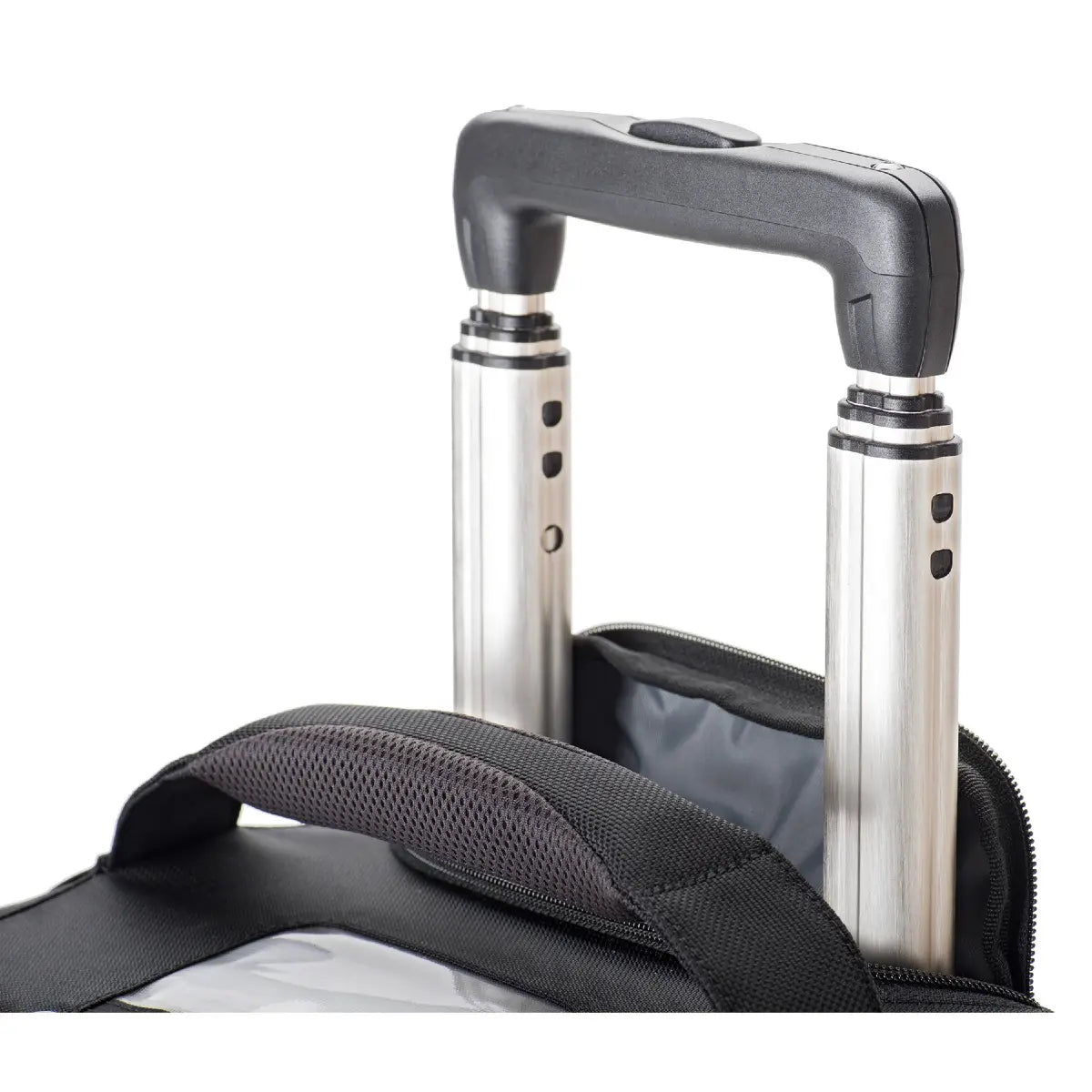 Close-up of a suitcase handle on a white background
