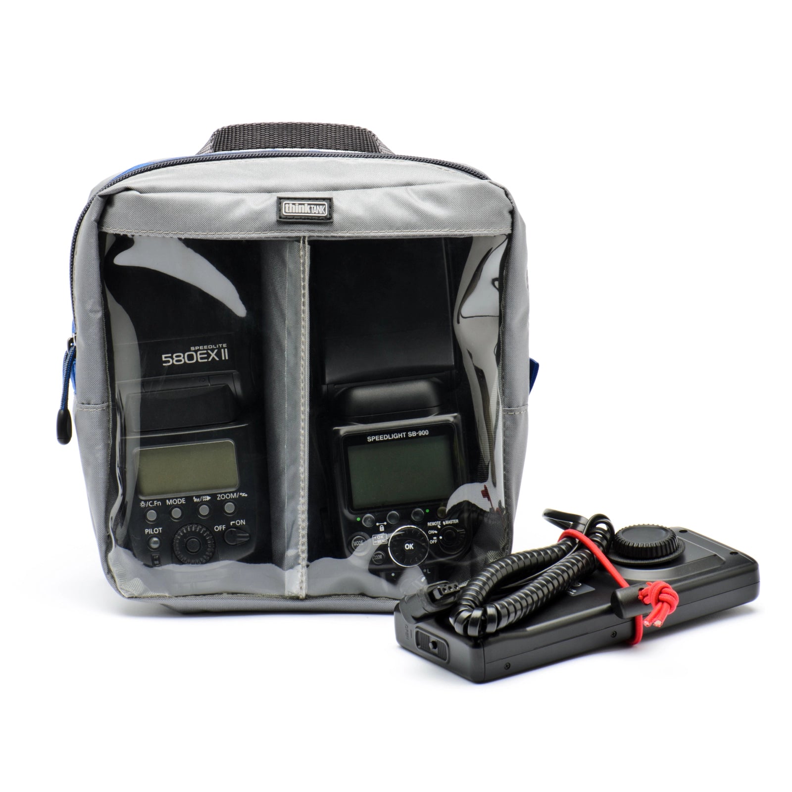 Think Tank Cable Management 30 V2 front angle with speedlights inside case