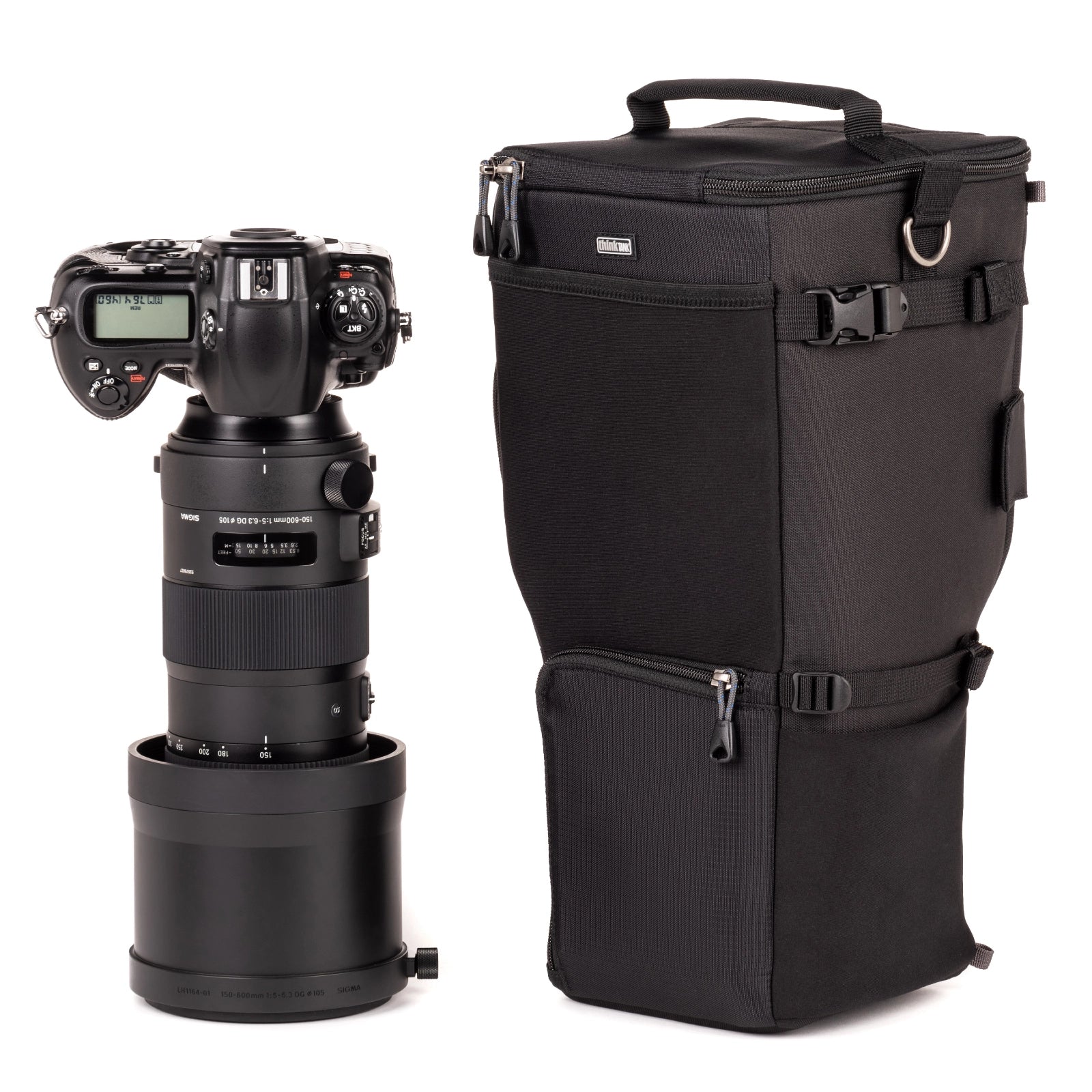 Think Tank Digital Holster 150 Lens Case close up of lens case with camera beside