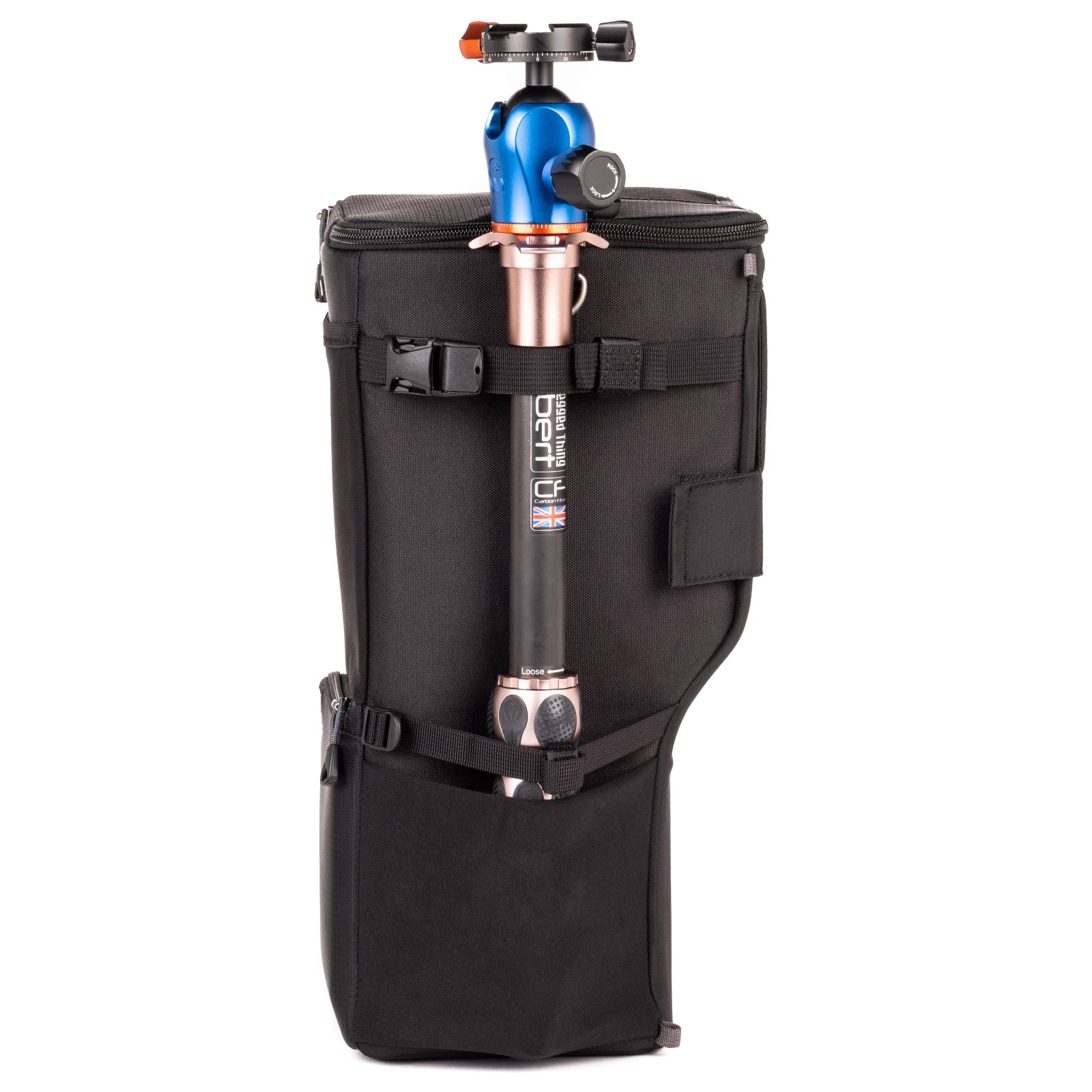 Think Tank Digital Holster 150 Lens Case side angle with tripod installed in pocket