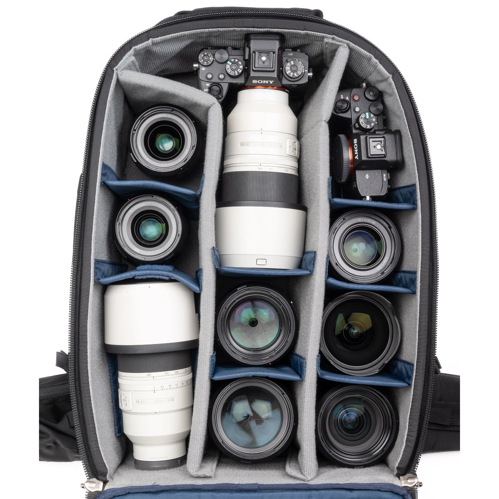 Think Tank FirstLight 46L+ inside view with camera equipment in bag