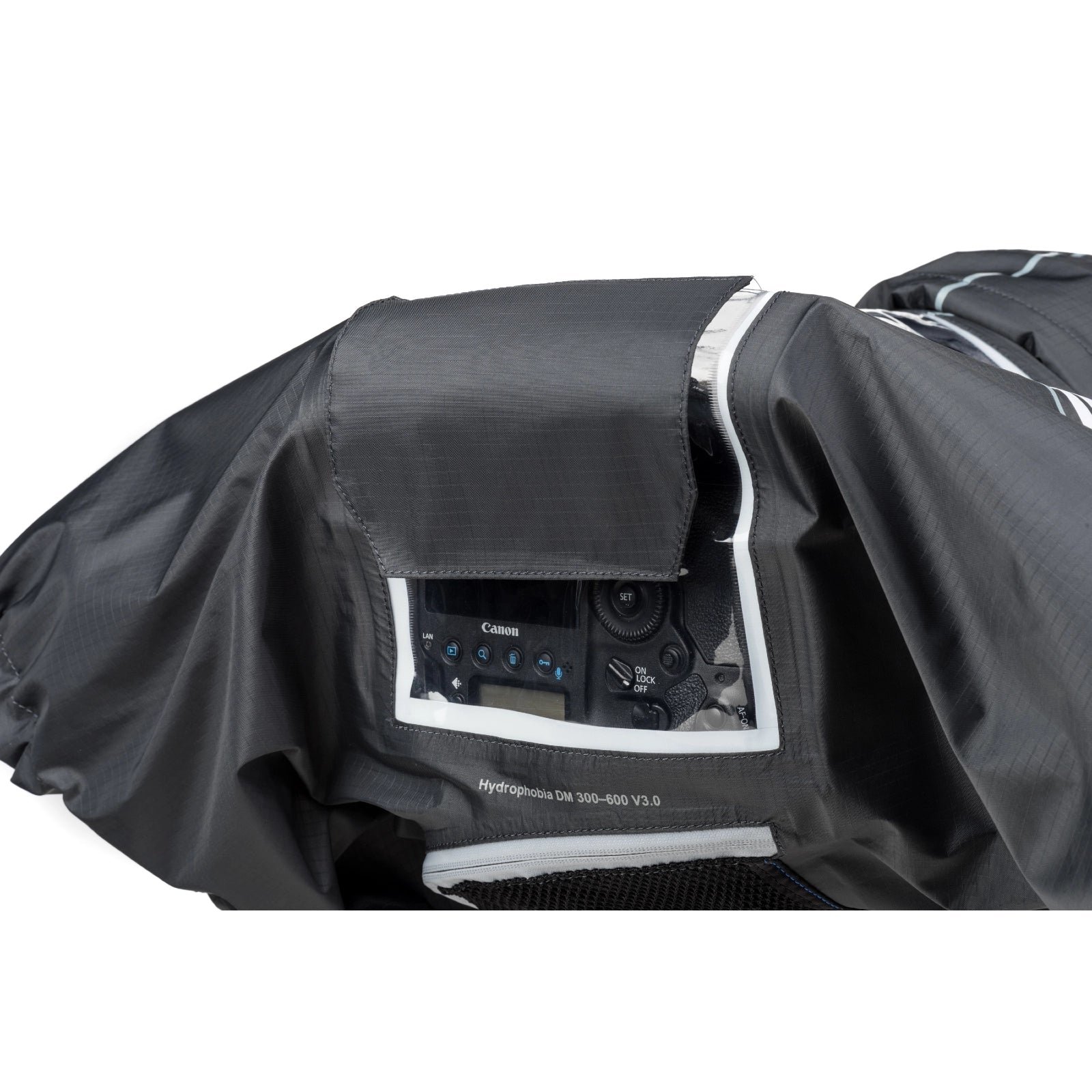 Think Tank Hydrophobia 300-600 V3 close up of rear cover with velcro strap down