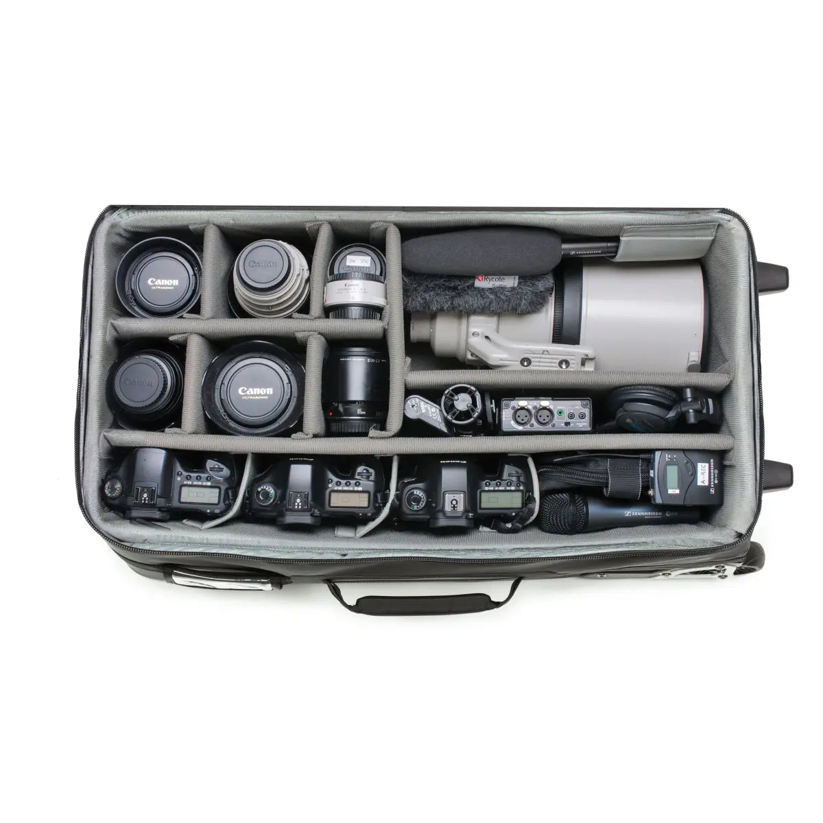 Camera equipment including lenses and a camera body inside a gray suitcase on a white background