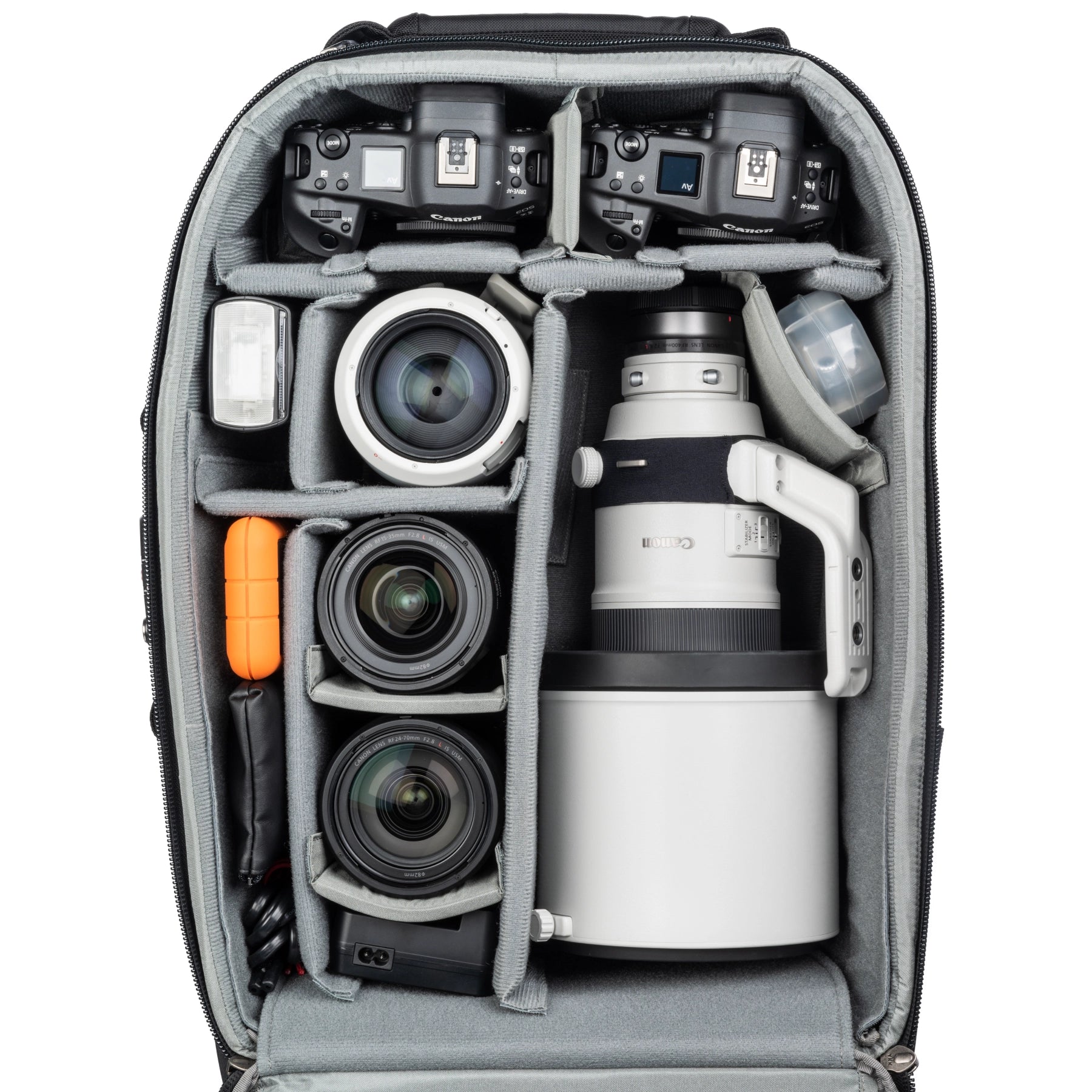Think Tank Photo Airport Security V3.0 top angle of inside roller case with various camera equipment inside