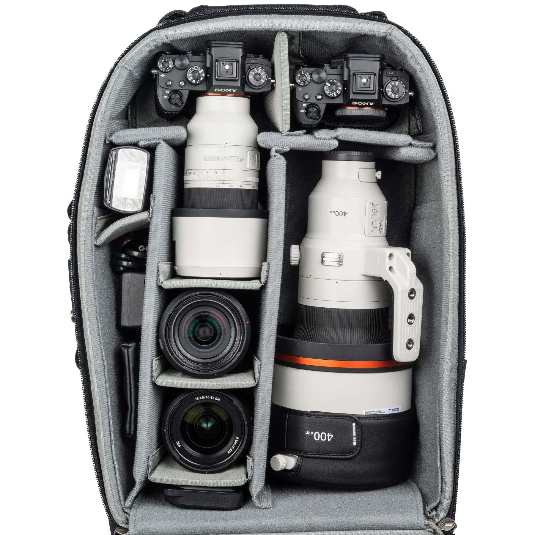 Think Tank Photo Airport Security V3.0 top angle of inside roller case with various camera equipment inside 2