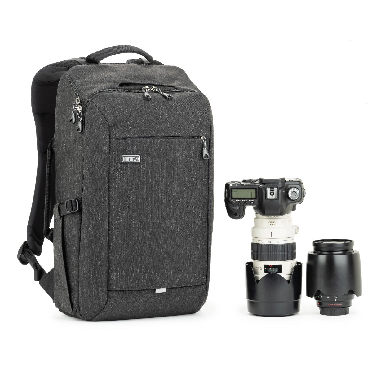 Think Tank Photo BackStory 15 front angle with camera gear beside