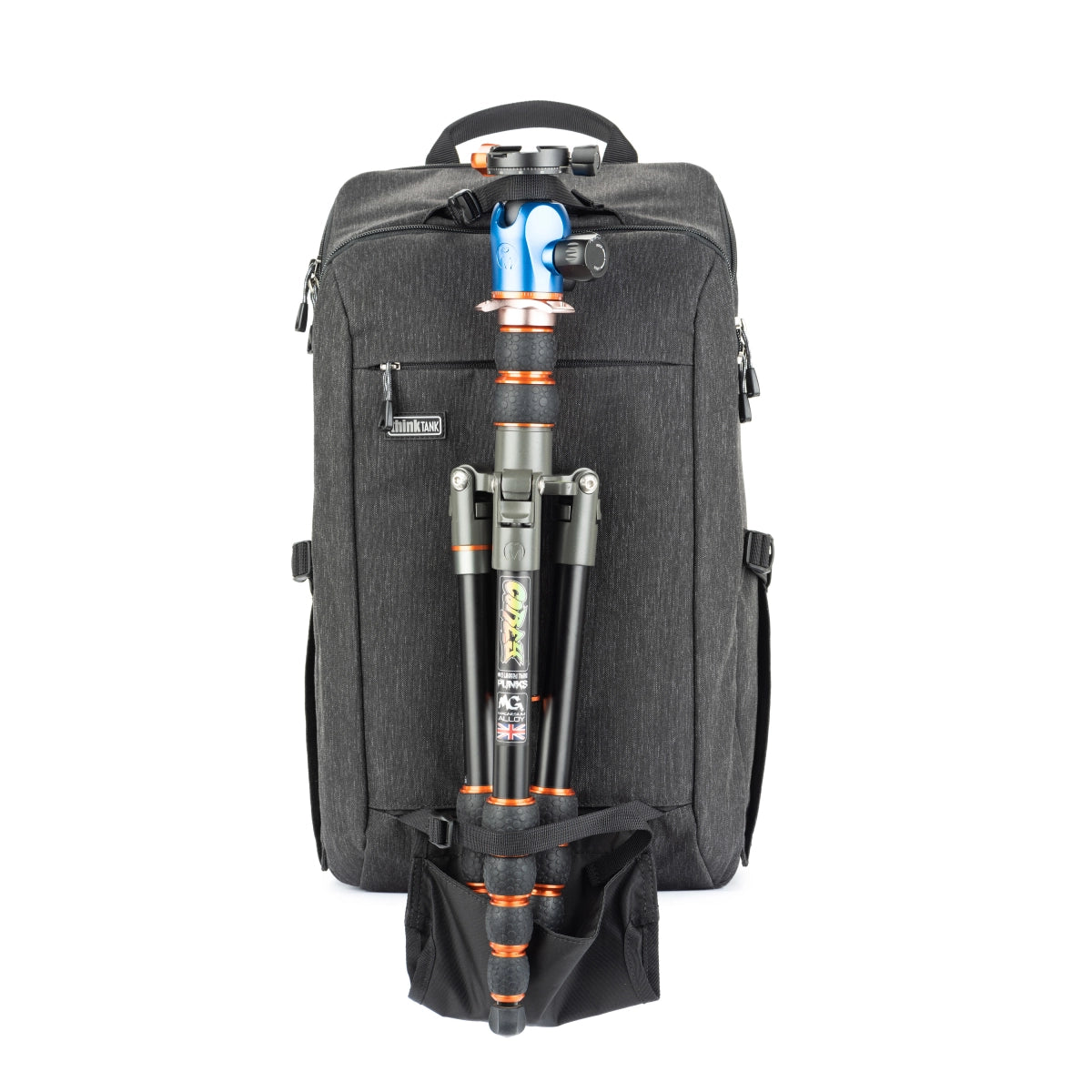 Think Tank Photo BackStory 15 front angle with tripod installed in holster