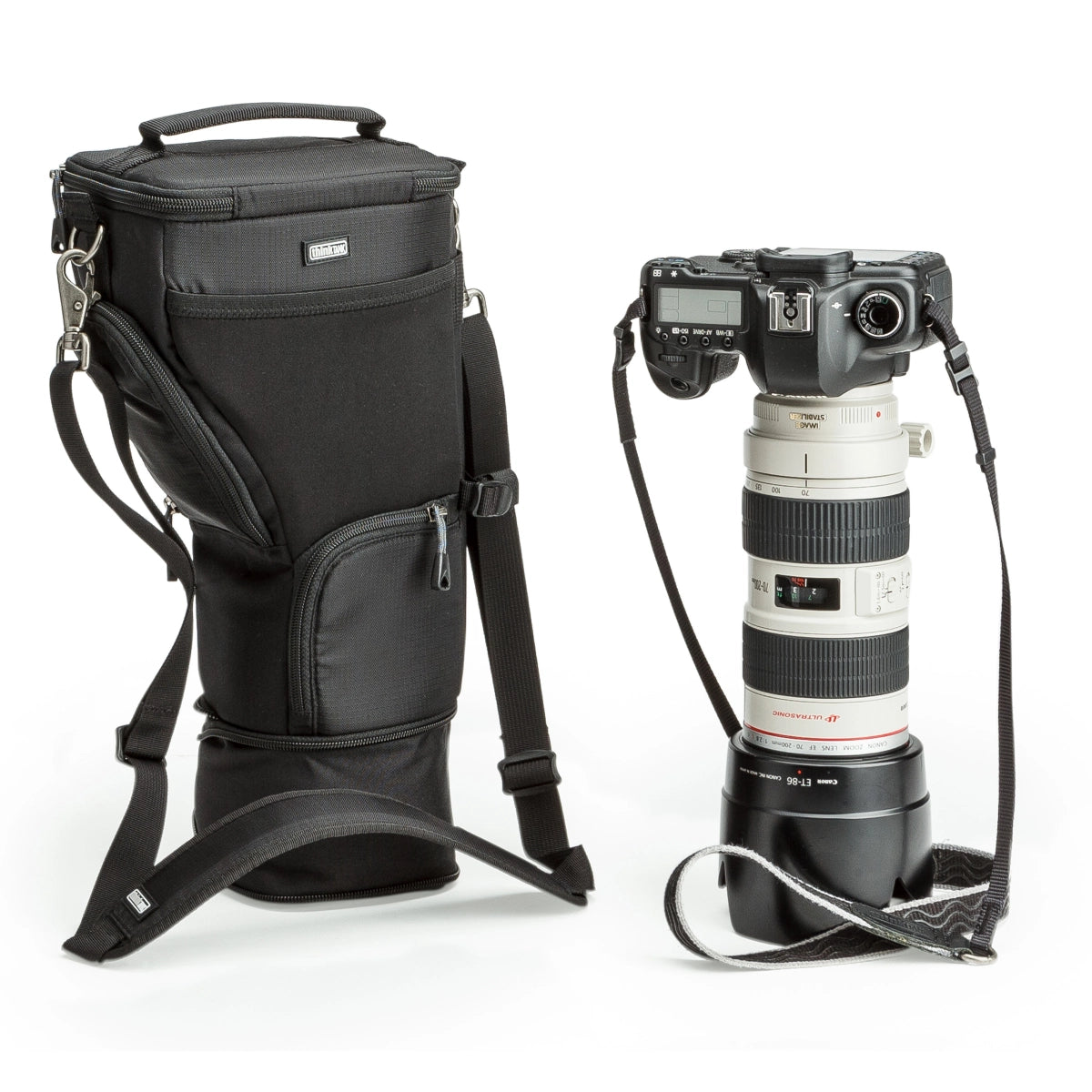 Think Tank Photo Digital Holster 30 V2.0 front angle with camera and lens beside
