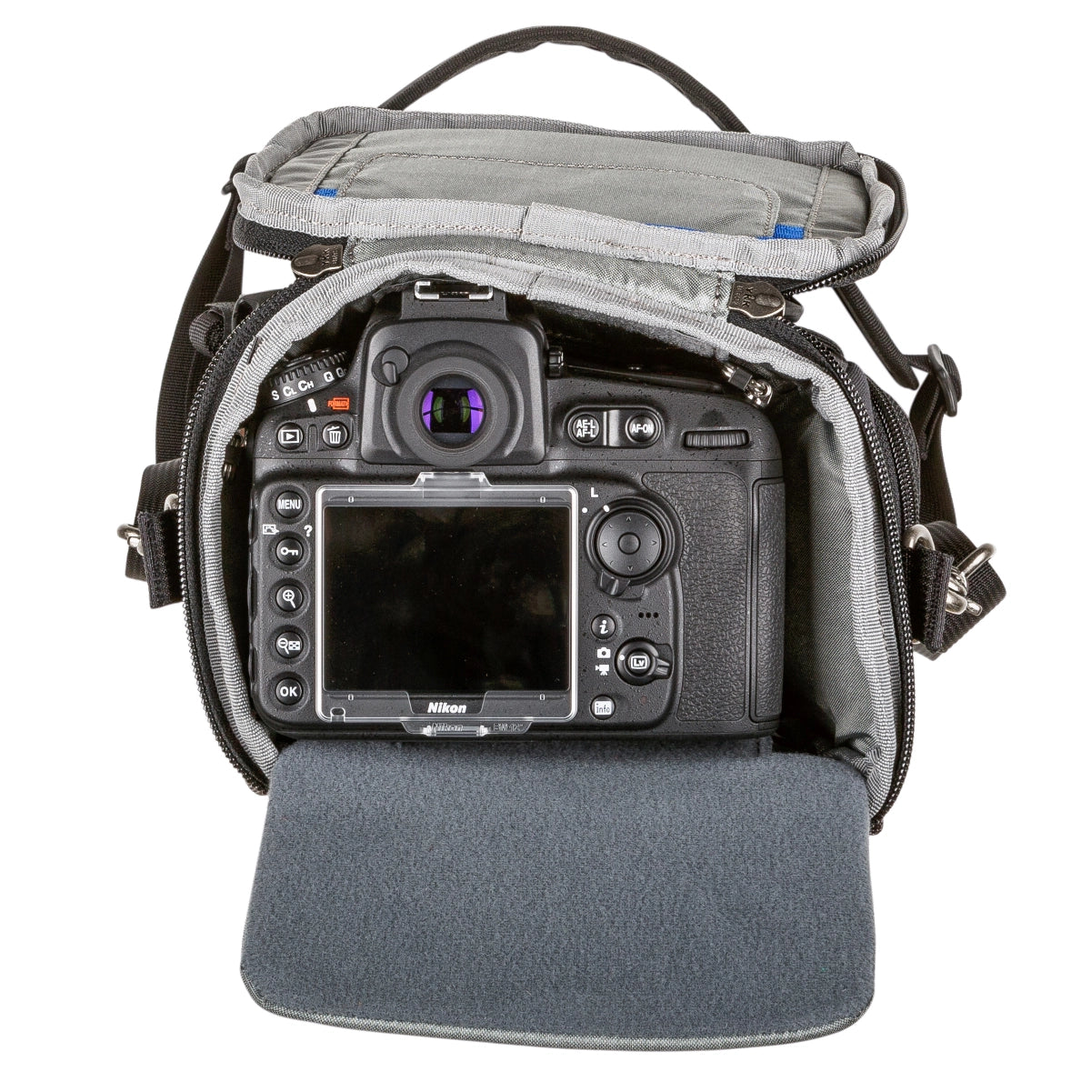 Think Tank Photo Digital Holster 30 V2.0 top angle of holster with lid open and camera inside