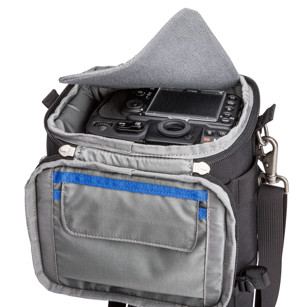 Think Tank Photo Digital Holster 30 V2.0 side angle of lid open with camera inside