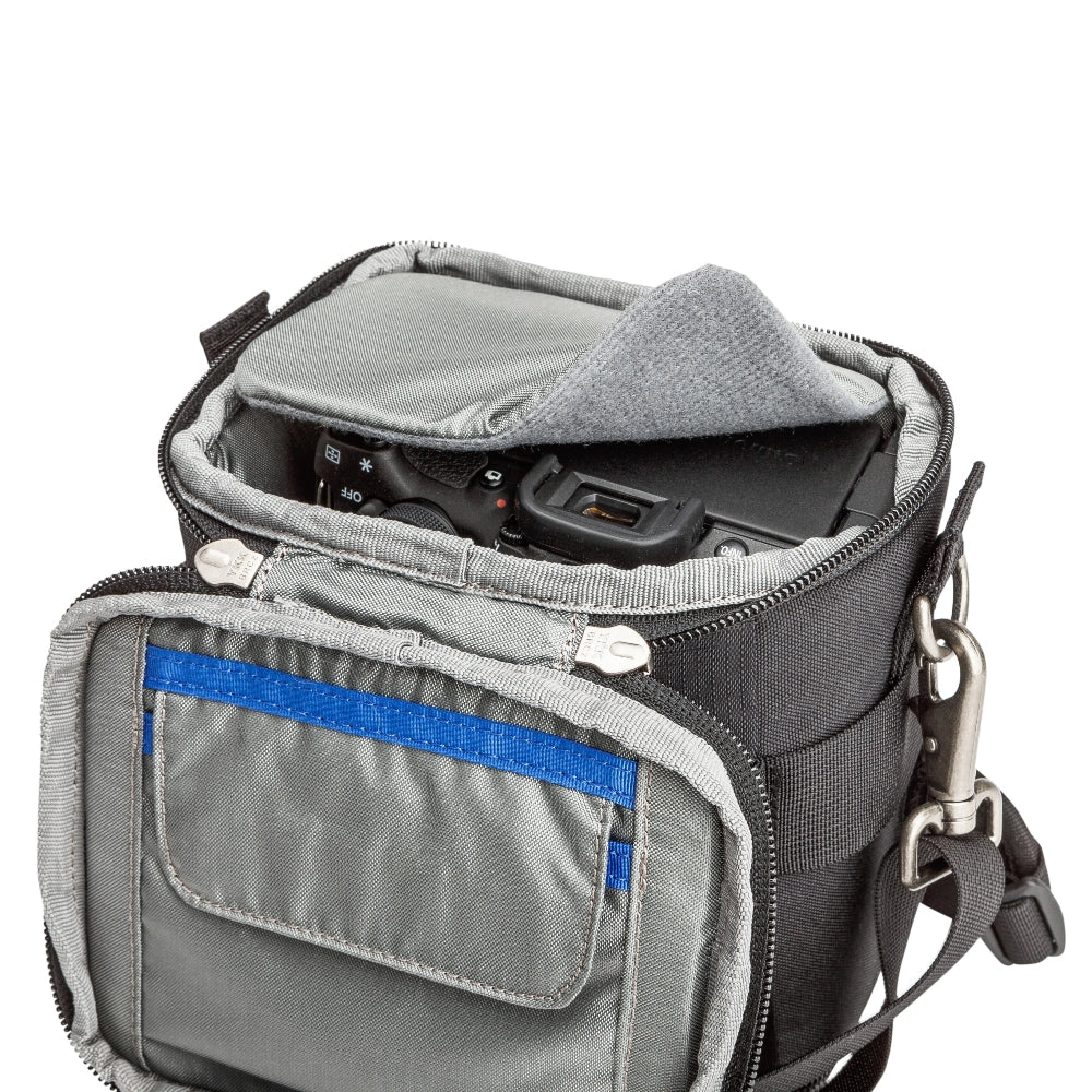 Think Tank Photo Digital Holster bag 10 V2 top angle of lid open with camera inside