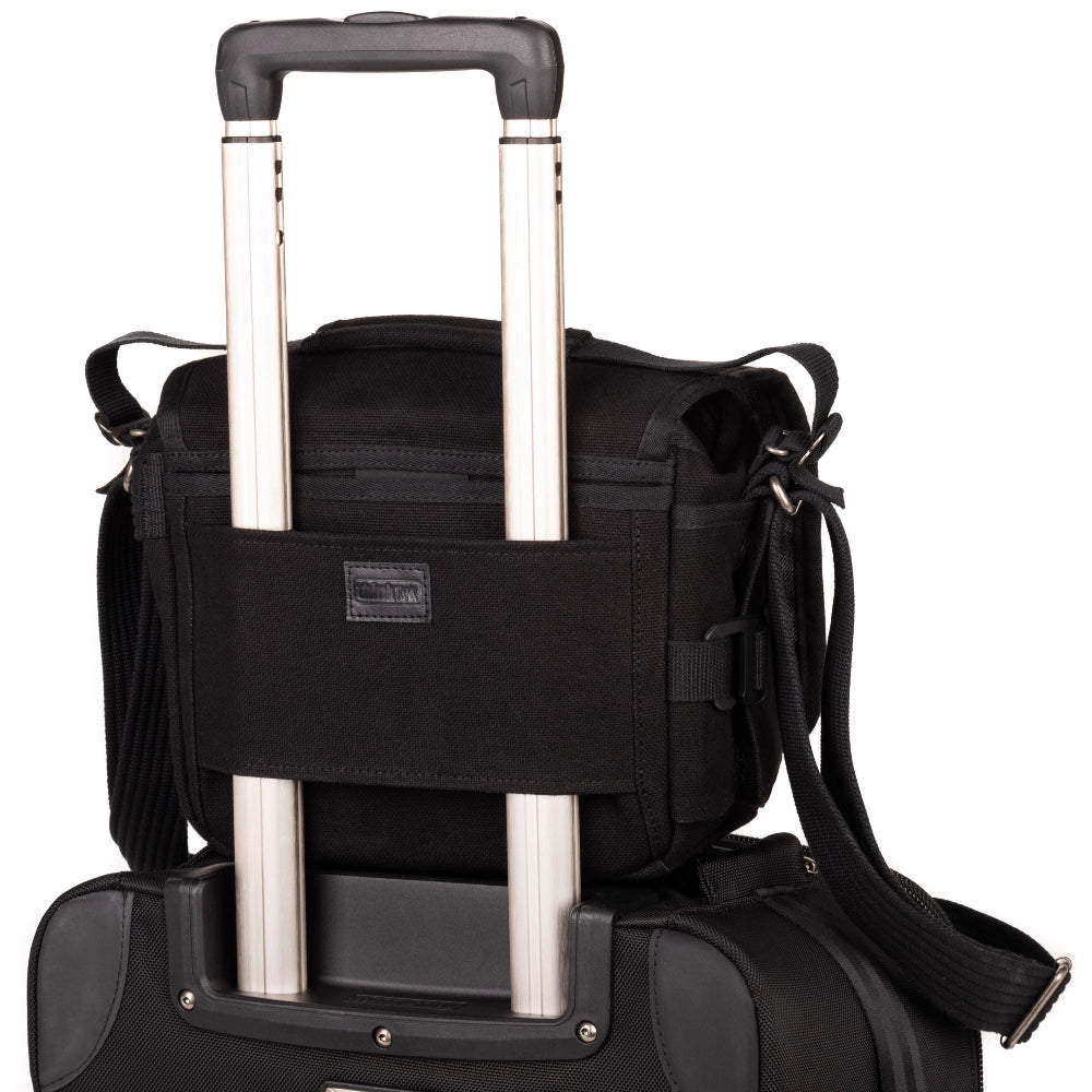 Think Tank Photo Retrospective 5 V2.0 back angle of bag attached to roller case