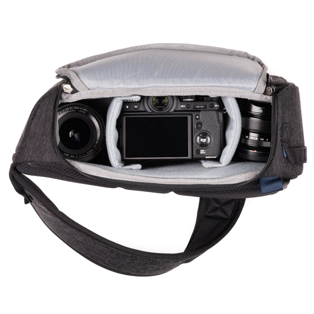 Think Tank Photo Urban Access 8 side angle of inside bag with camera equipment inside