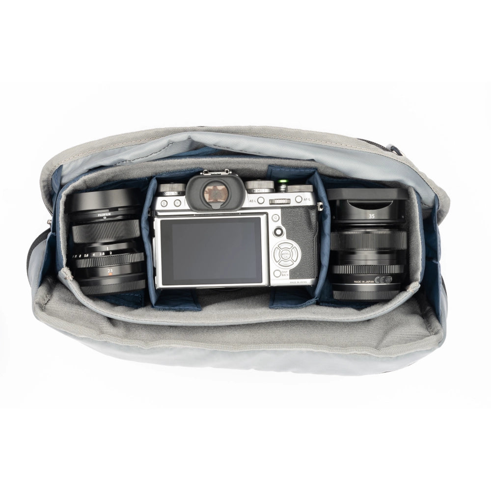 Think Tank PressPass 10 front angle of inside bag with camera equipment inside