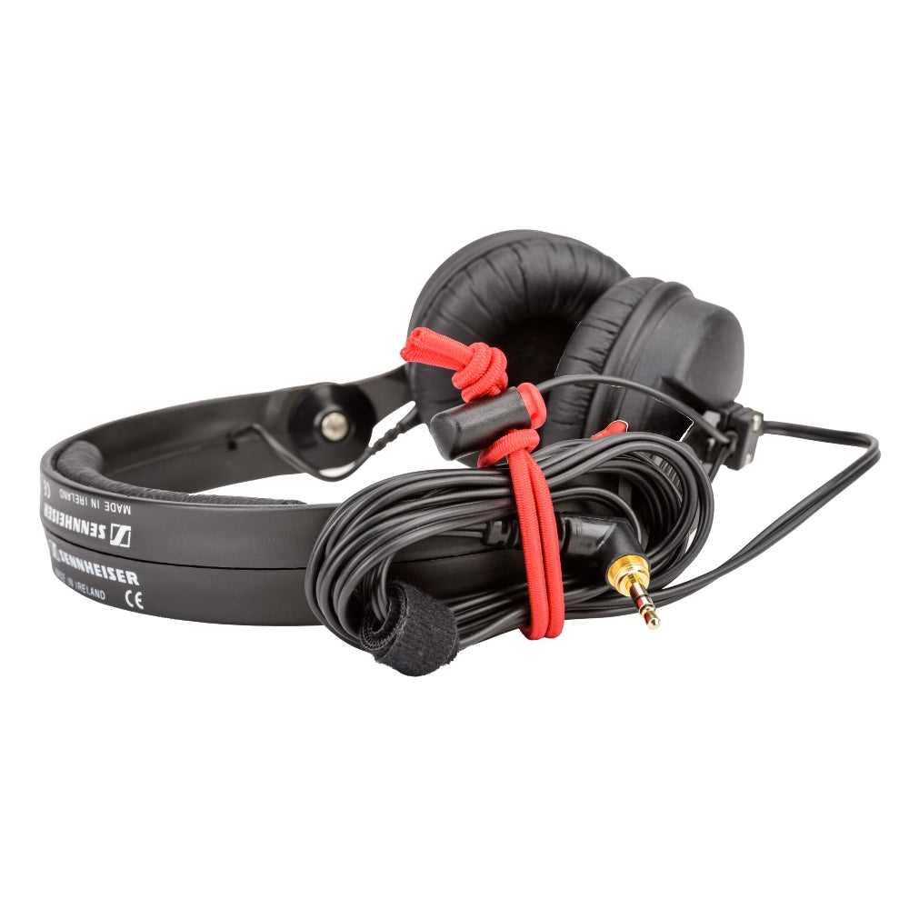 Think Tank Red Whips V2 on headphones