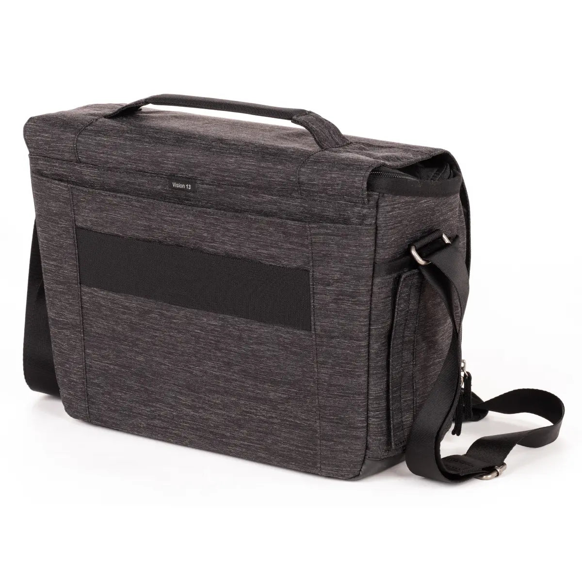 Dark gray messenger bag with a black patch on a white background