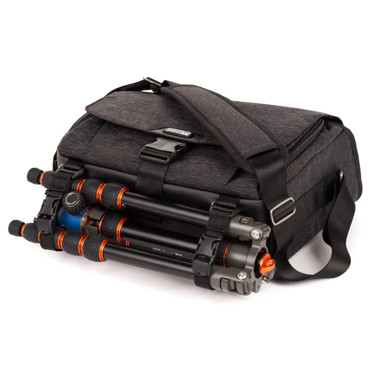 Black camera bag with a tripod on a white background