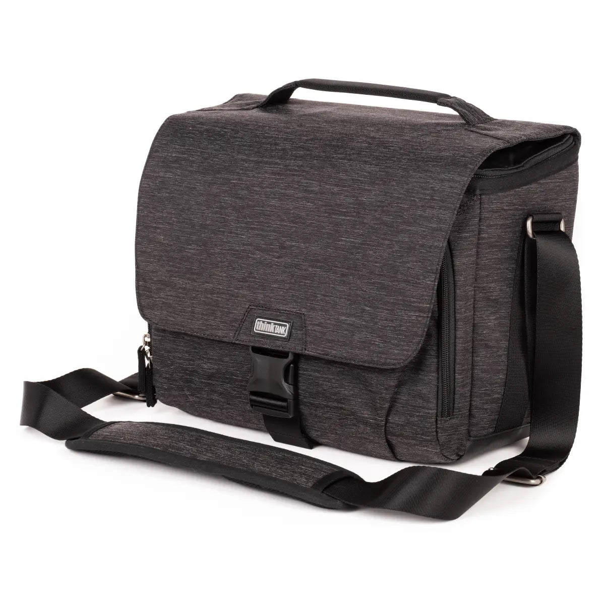 Gray messenger bag with a strap on a white background