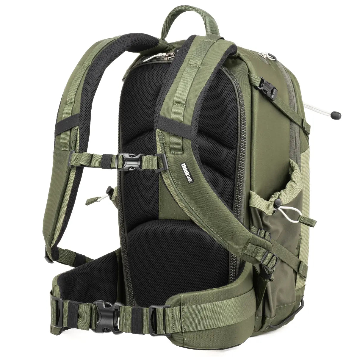 Green backpack with black interior on a white background