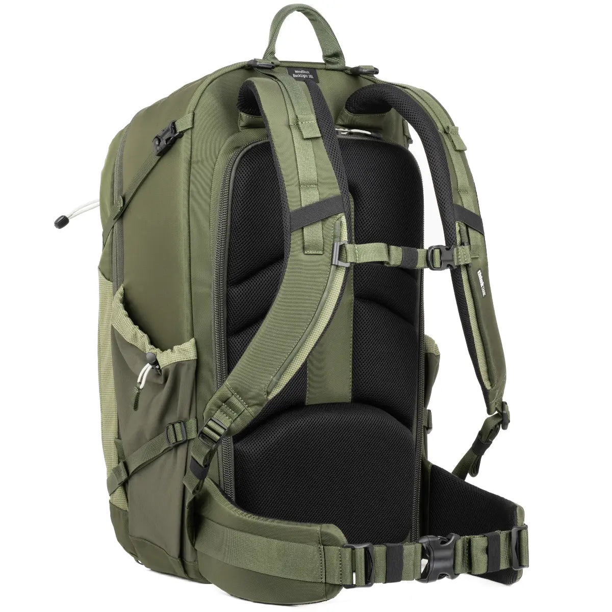 Green backpack with black interior on a white background