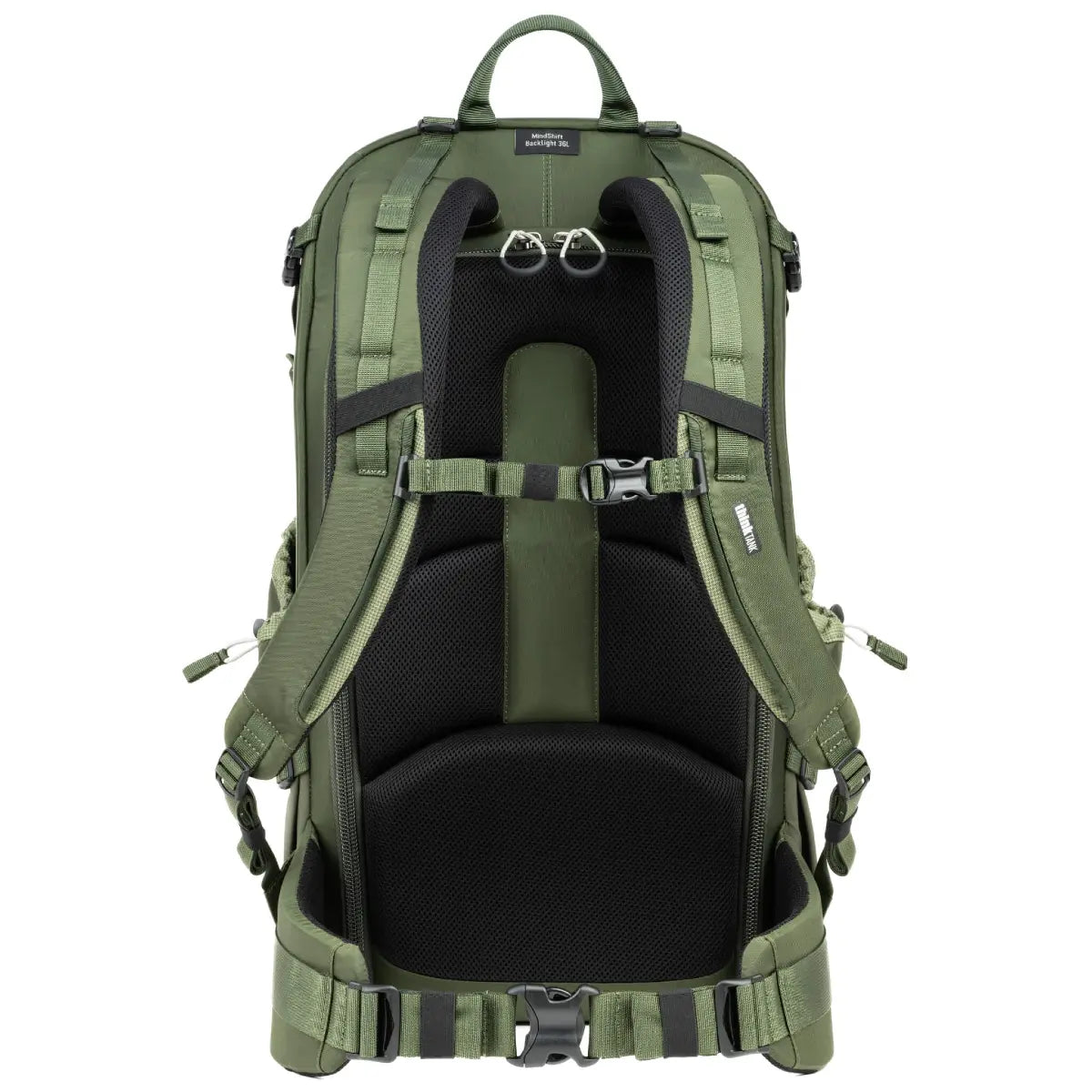 Green backpack with multiple straps and compartments on a white background