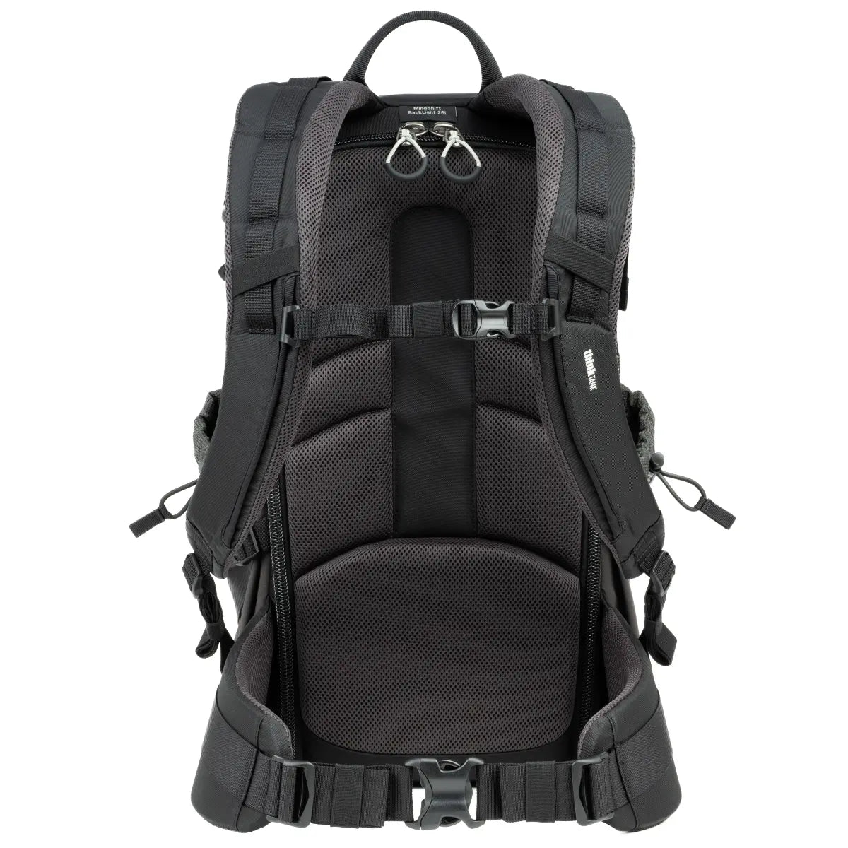 Black backpack with multiple straps and buckles on a white background