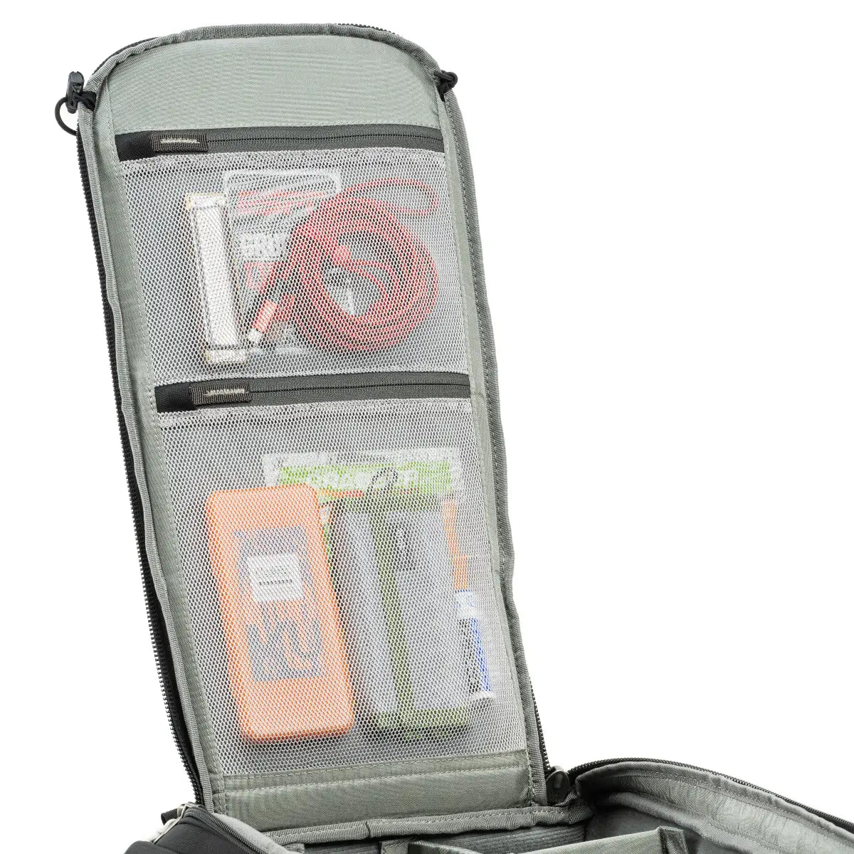 Gray backpack with open compartment showing organized items on a white background