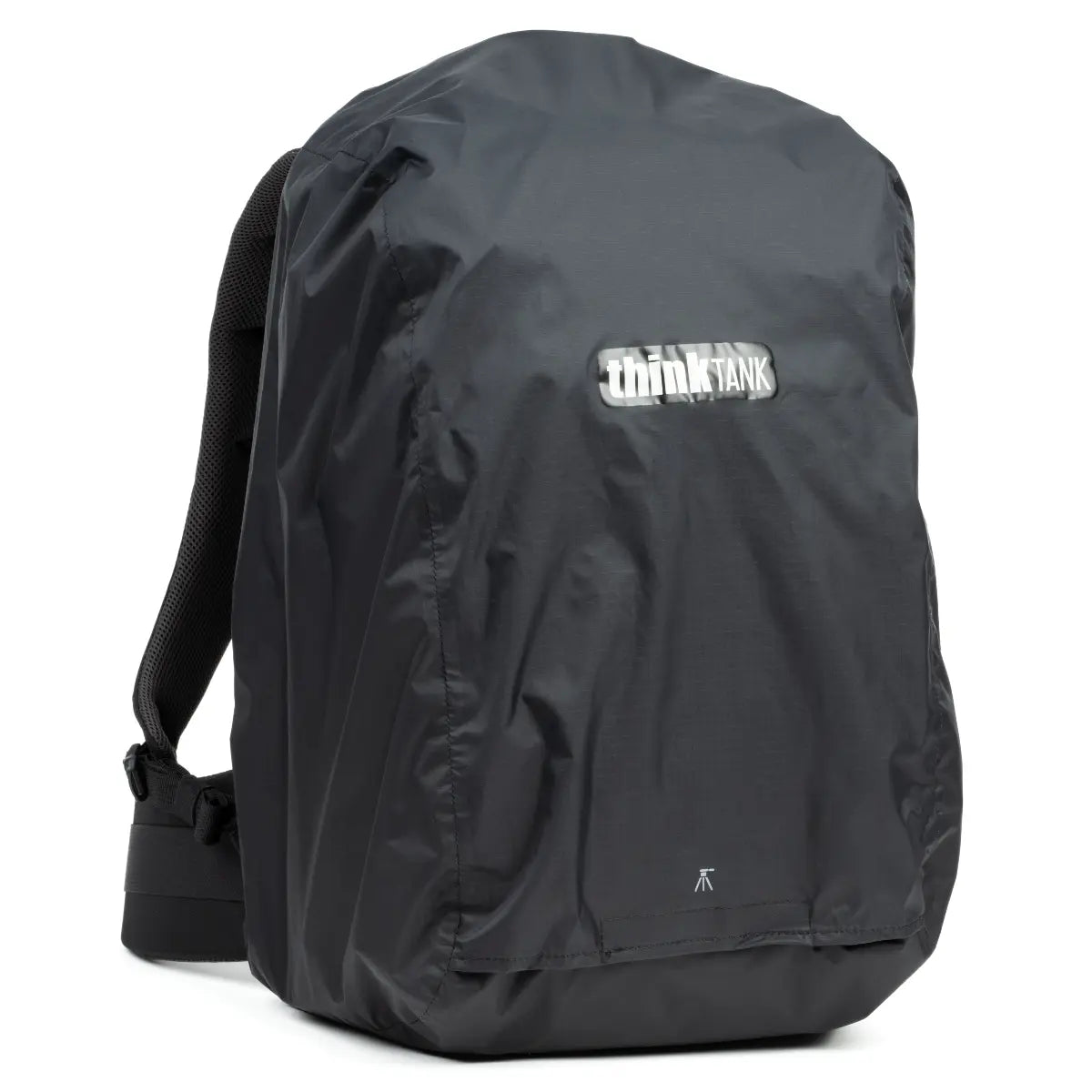 Black backpack with a visible brand logo on a white background