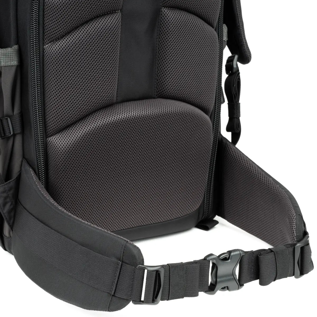 Close-up of a black backpack with a focus on the shoulder strap and back padding.
