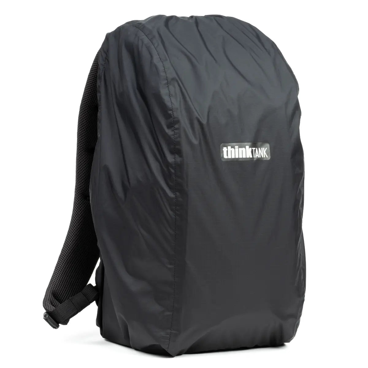 Black backpack cover with 'thinkTank' logo on a white background