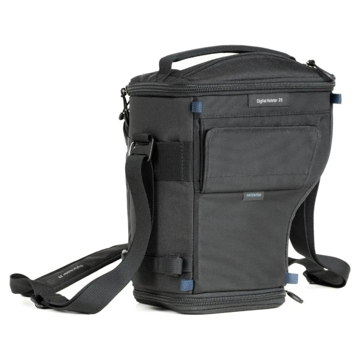 Black digital camera bag with shoulder strap on a white background