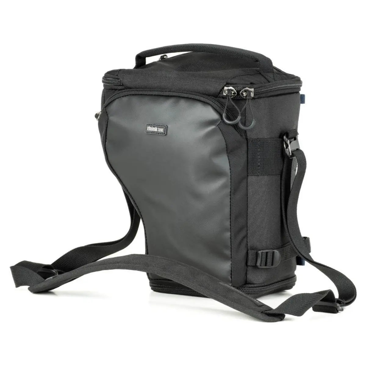 Black backpack with visible brand logo on a white background