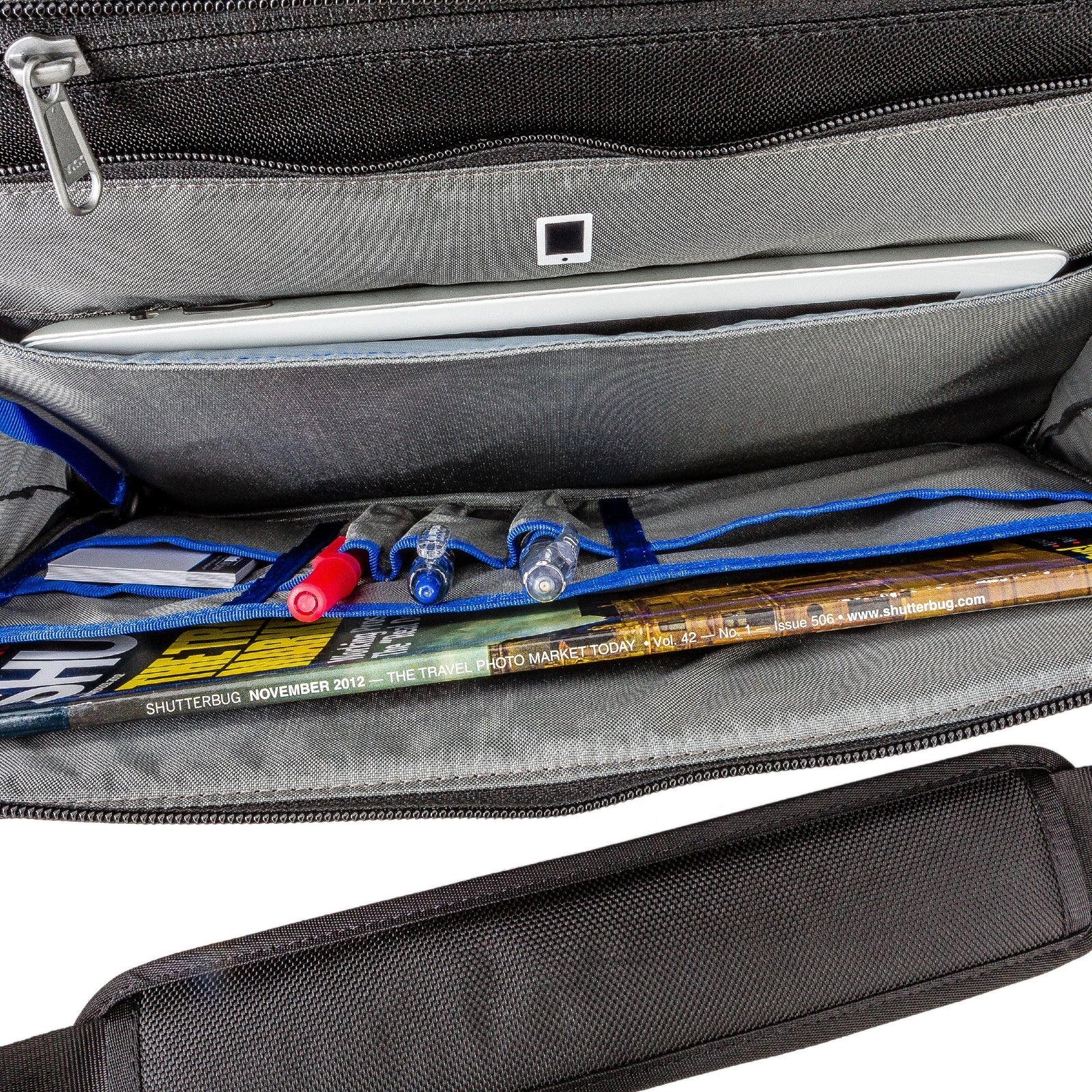 ThinkTank My 2nd Brain 13 Black Laptop Case - Mist Green top angle of laptop pocket