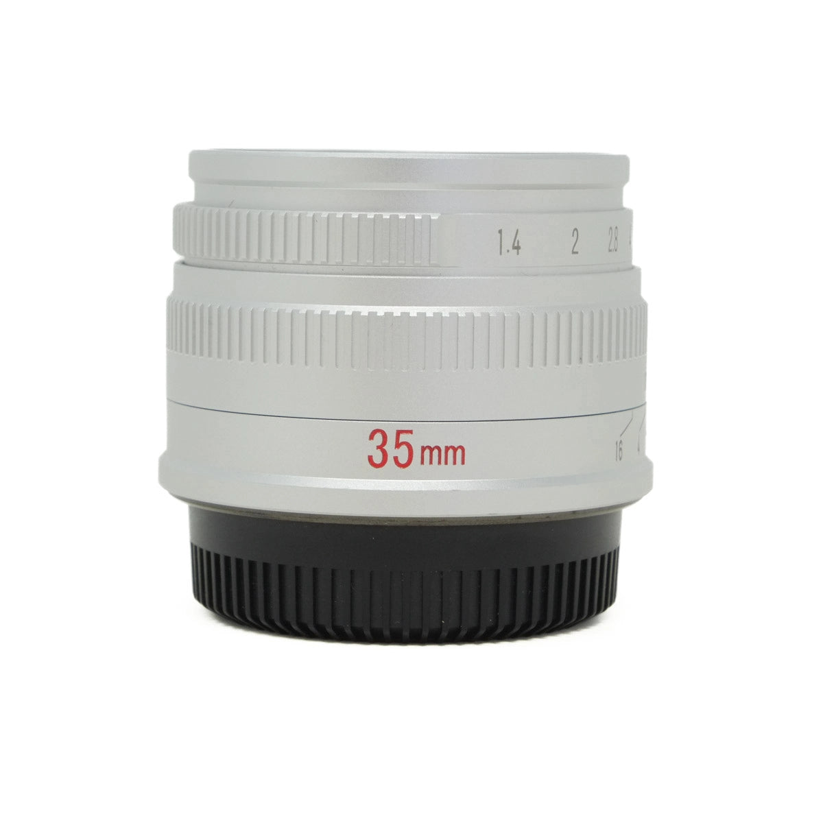 White camera lens with '35 mm' marking on a white background